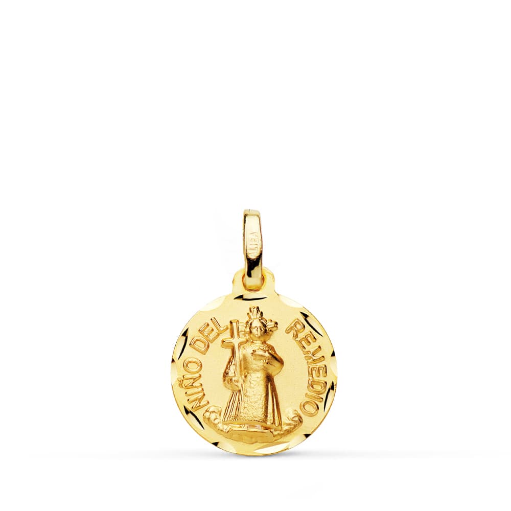 18K Medalla Oro Amarillo Niño Del Remedio Tallada 14 Mm