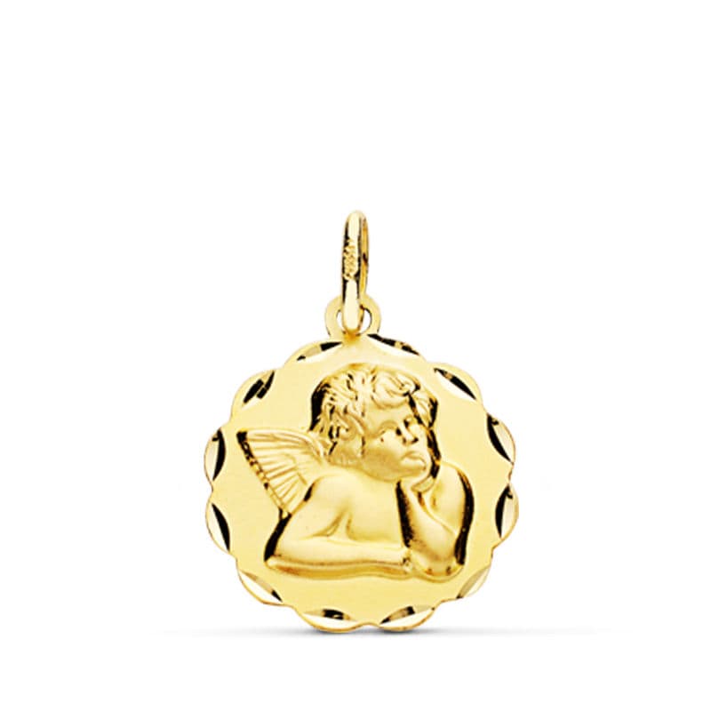 18K MEDALLA ORO AMARILLO ANGELITO BURLON ARCOS TALLADOS 14 MM LIGERO