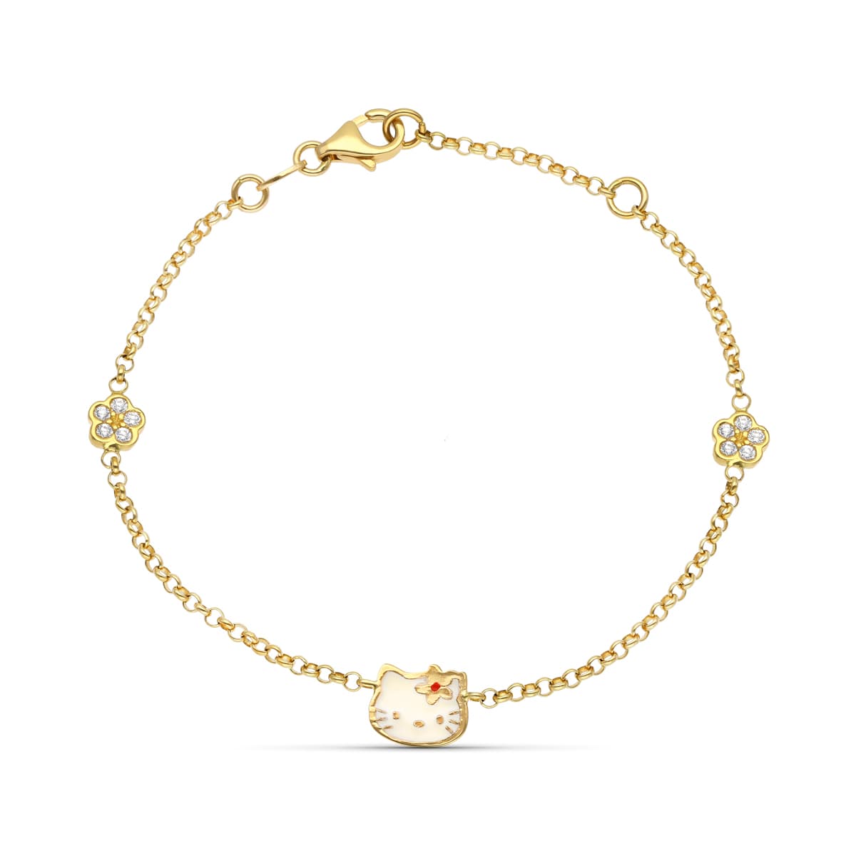 18K Pulsera Oro Amarillo Esmalte Gato Y Flor Circonita 18Cm