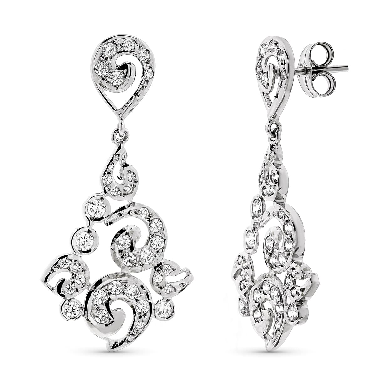 18K Pendientes Oro Blanco Largos Filigrana Cierre Presion