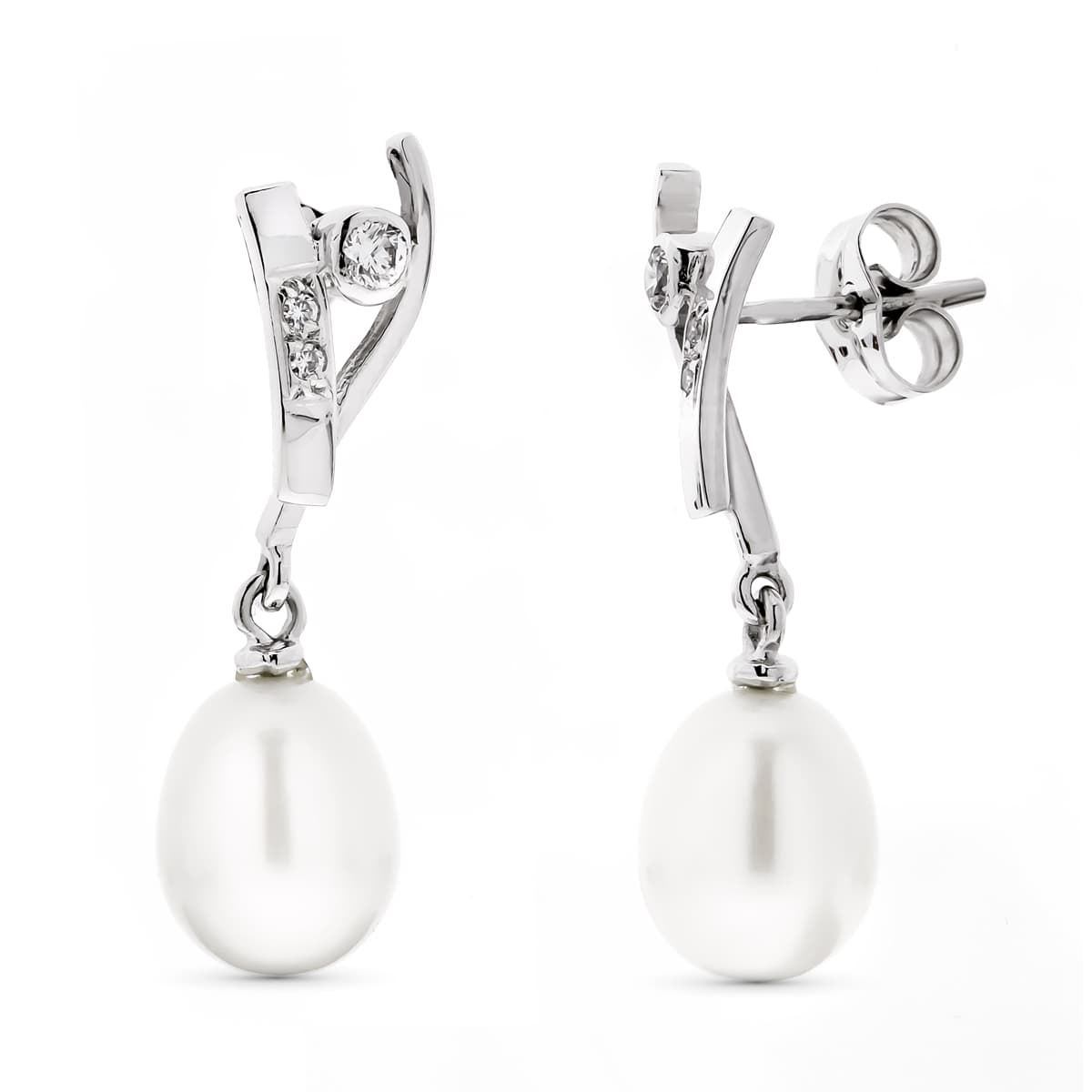 18K Pendientes Oro Blanco Largos Perla Pera Y Circonita Cierre Presion