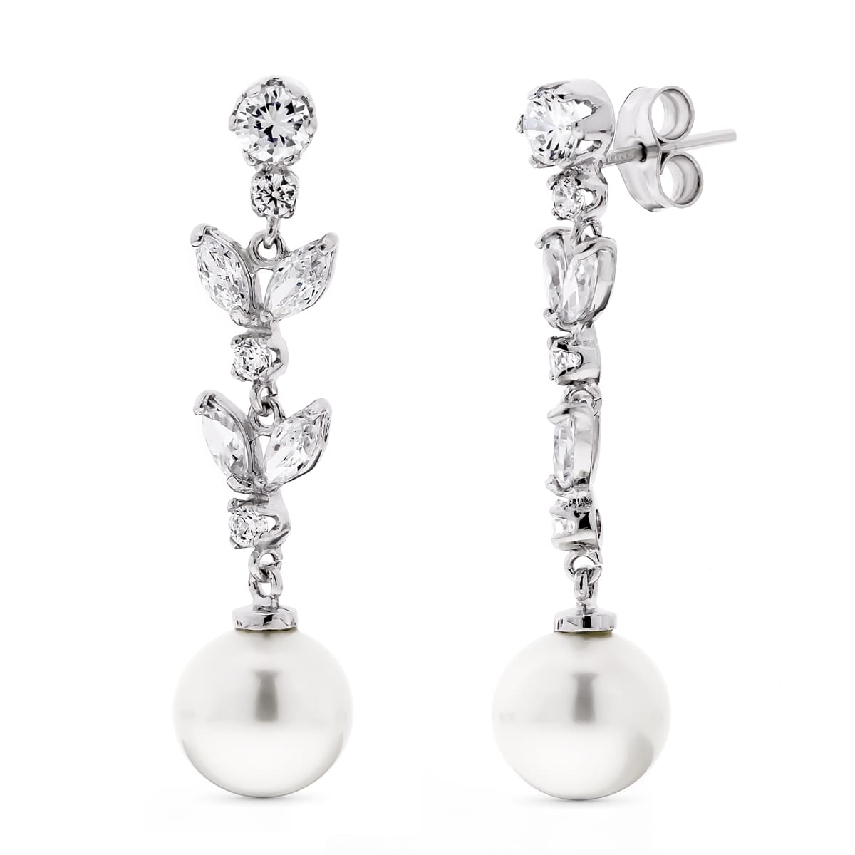 18K Pendientes Oro Blanco Largos Perla 9 9.5 Mm Y Circonita Cierre Presion