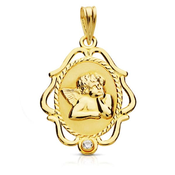 18K Medalla Oro Amarillo Angel Cerco. 24X17 Mm