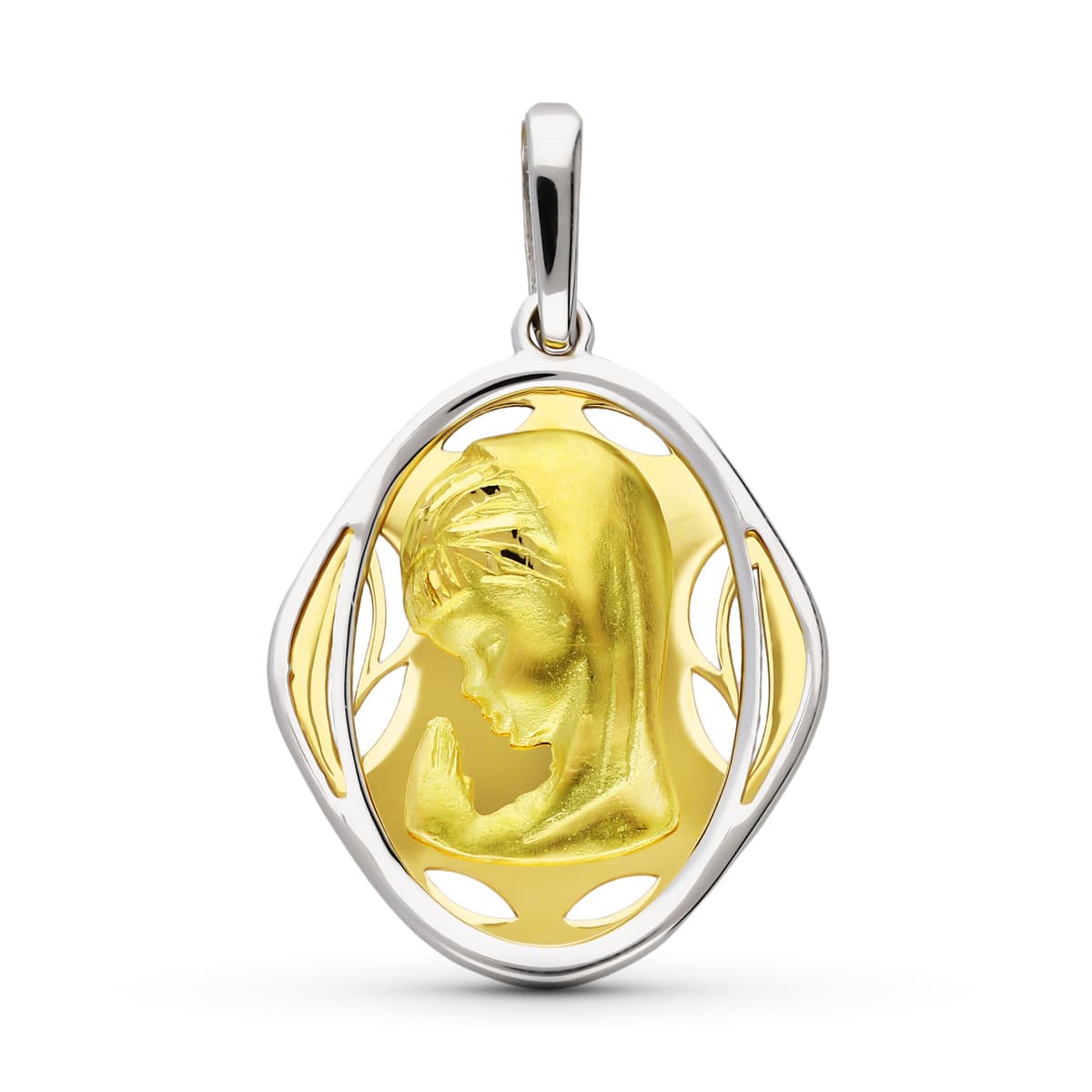 18K Medalla Oro Amarillo Oro Bicolor Virgen Niña 21X17 Mm