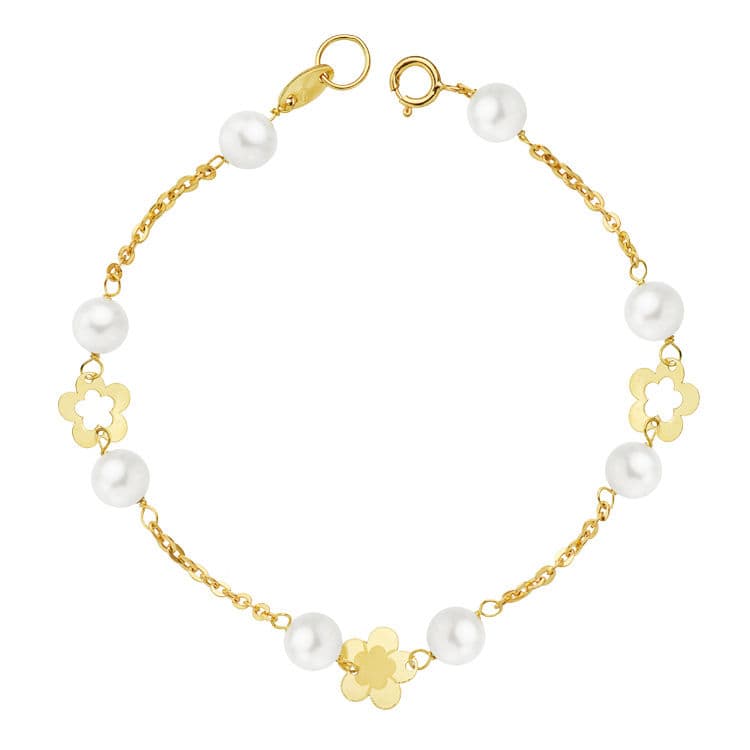 18K Pulsera Oro Amarillo Perla Y Flores 17Cm