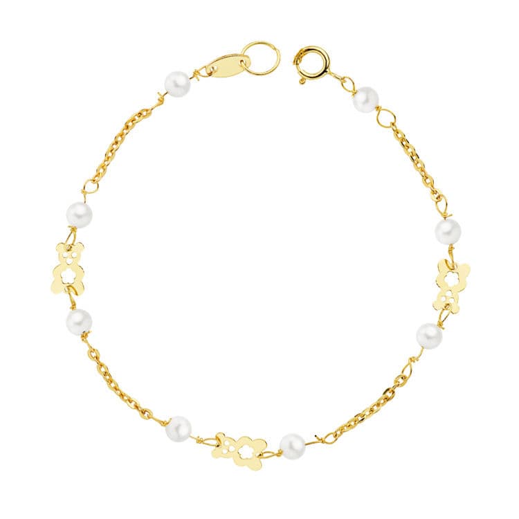 18K Pulsera Oro Amarillo Perlas Y Oso S. 16.5 Cm