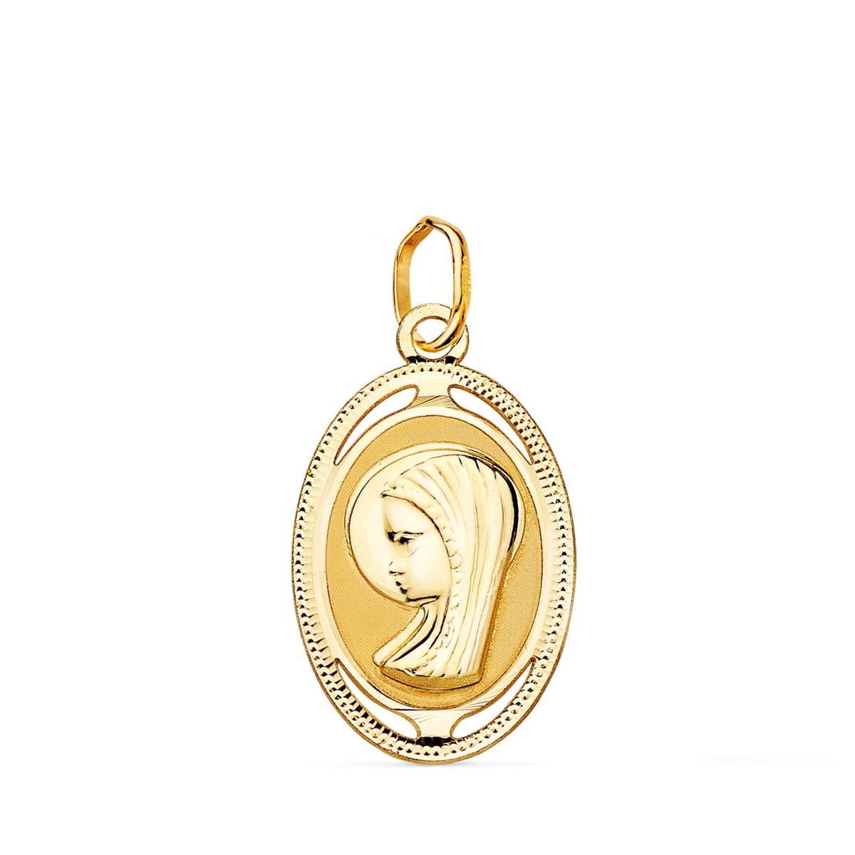 18K MEDALLA ORO AMARILLO OVAL VIRGEN NIÑA CON BORDE TALLADO Y CALADO 19X12 MM