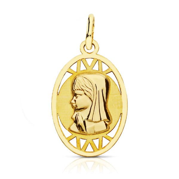 9K Medalla Oro Amarillo Virgen Niña Oval Calada 20X12M