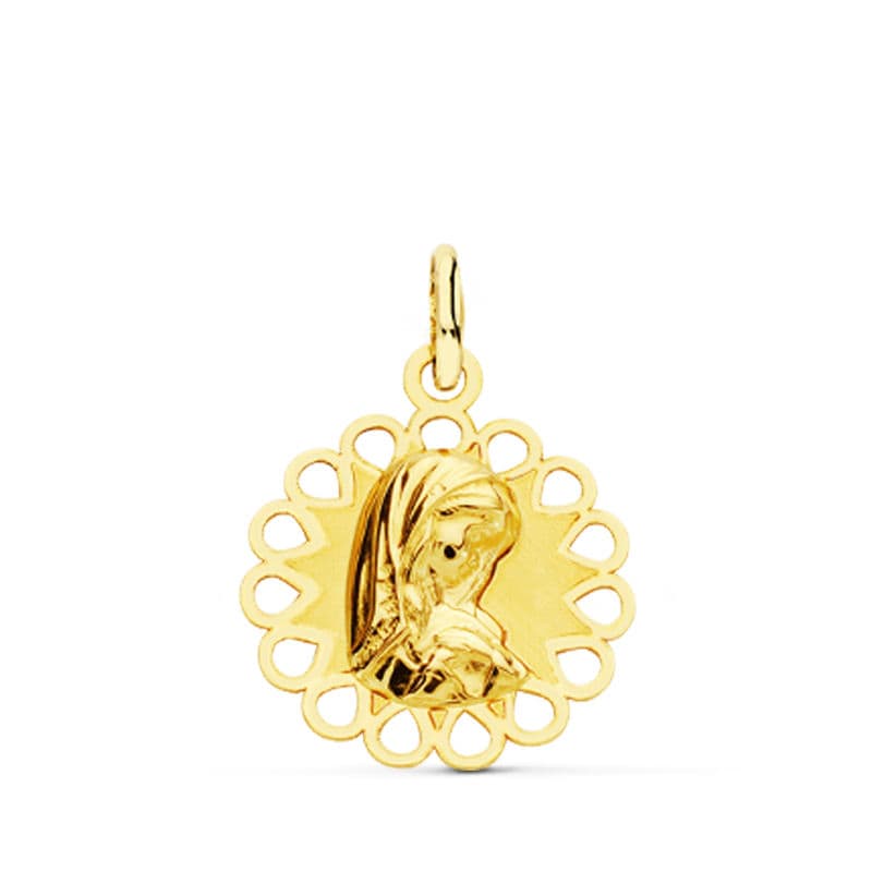 9K Medalla Oro Amarillo Virgen Niña Calada 18X15 Mm