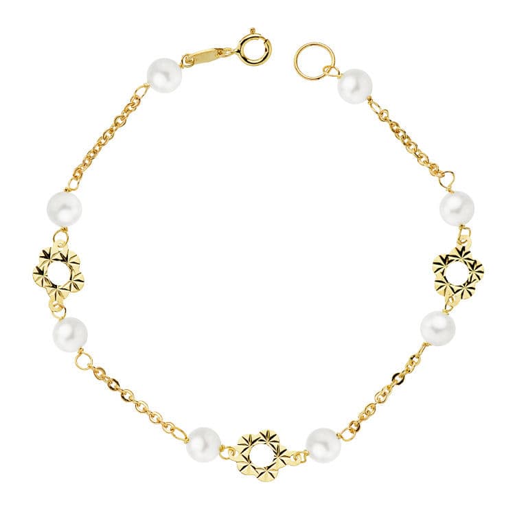 18K Pulsera Oro Amarillo Flor Y Perlas 5 Mm 18Cm
