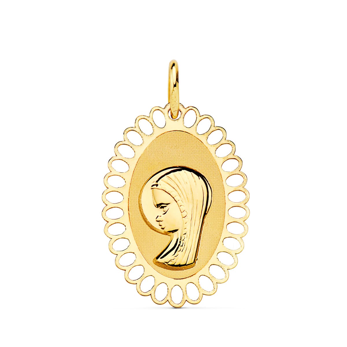 18K MEDALLA ORO AMARILLO VIRGEN NIÑA CERCO OVAL CALADO 21X16 MM