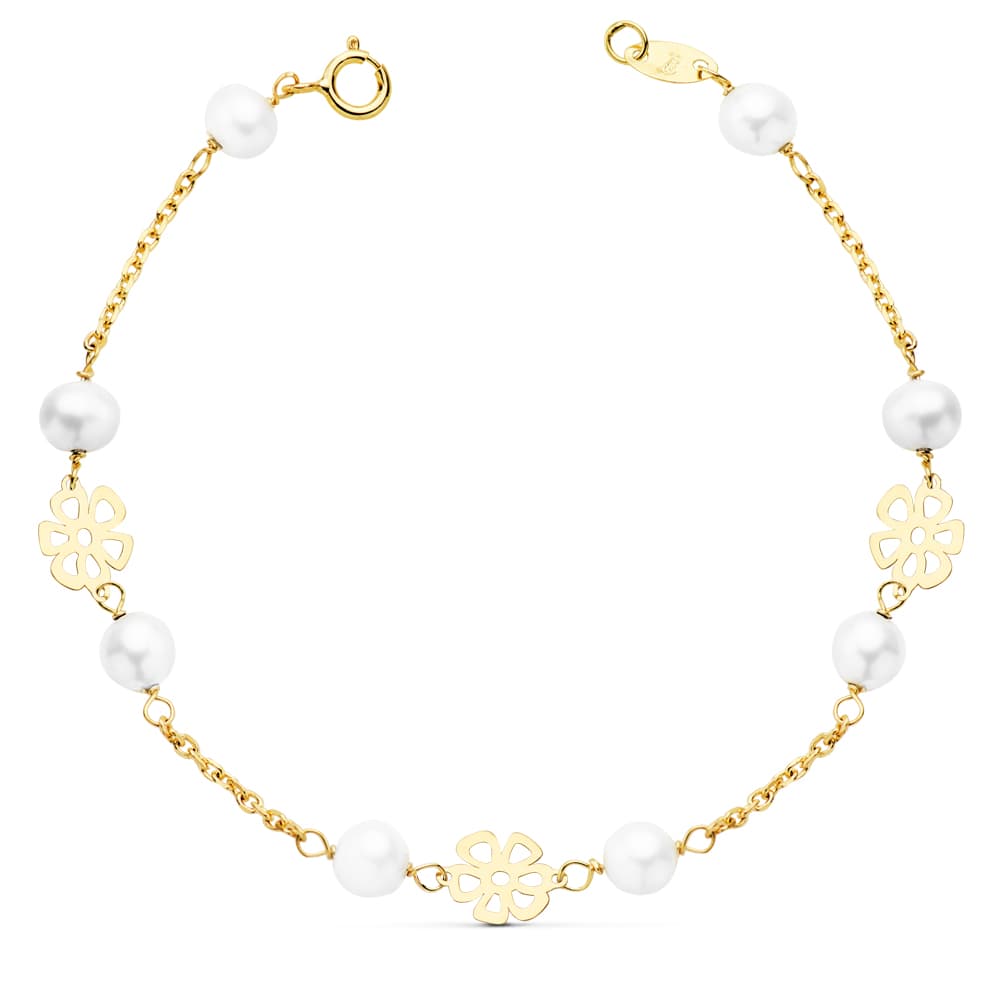 18K Pulsera Oro Amarillo Comunion Flores Caladas 17Cm
