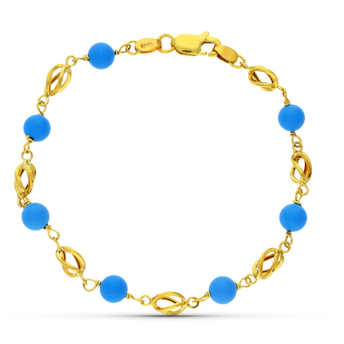 18K Pulsera Oro Amarillo Jaula Turquesa 17Cm