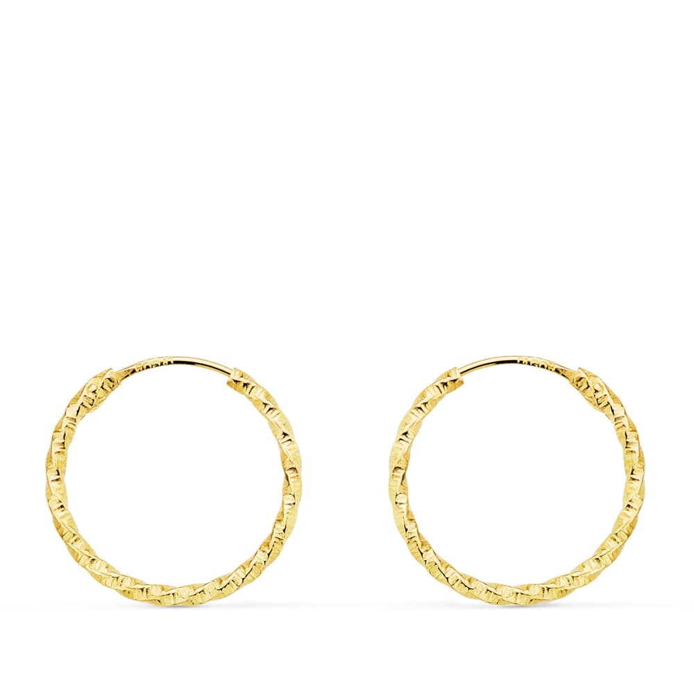 18K Aros Oro Amarillo Huecos Retorcidos Con Tallado 15X1.30 Mm