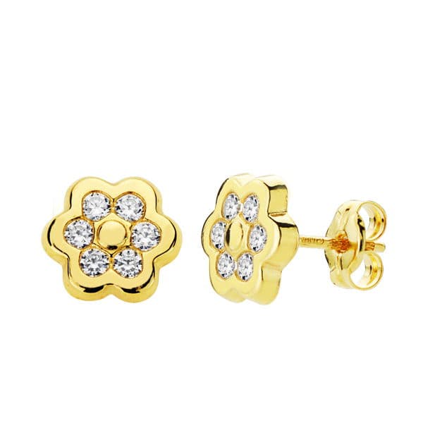 9K Pendientes Oro Amarillo Flor 7X7 Mm Cierre Presion