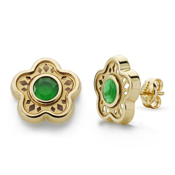 9K Pendientes Oro Amarillo Estrella Calada Piedra Color Verde Cierre Presion