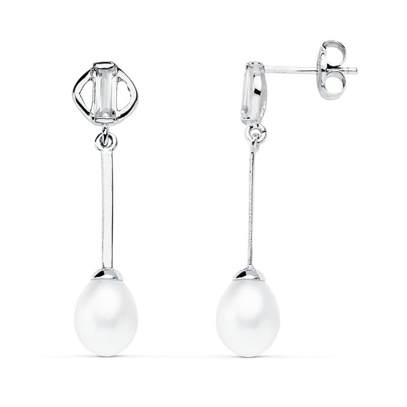 9K Pendientes Largos Oro Blanco Perla Cierre Presion