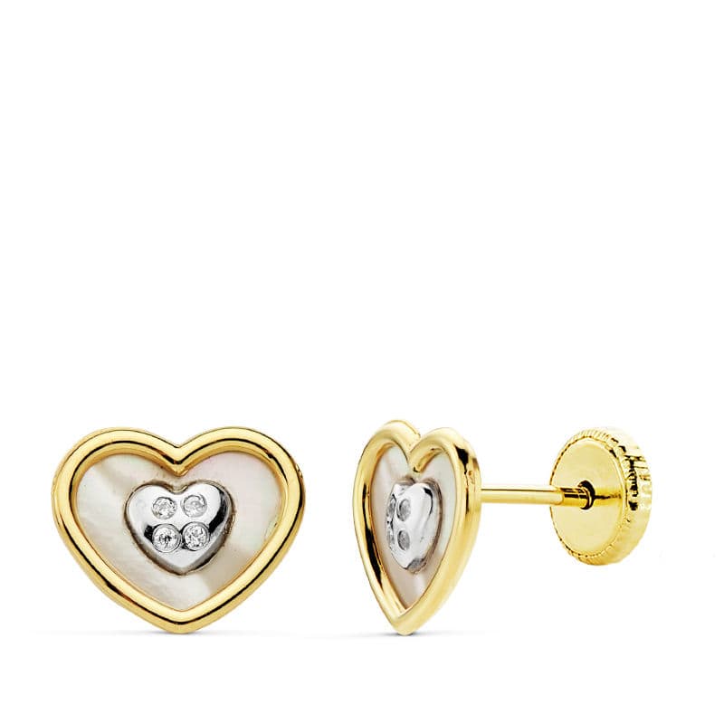 18K Pendientes Oro Bicolor Corazon Nacar Cierre Tuerca