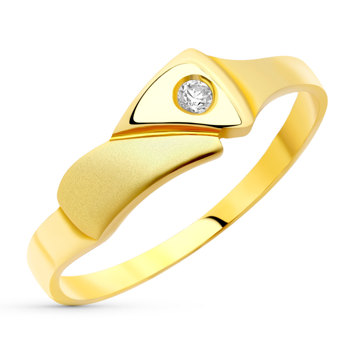 18K Sortija Oro Amarillo Motivo Mate Y Briilo Con Circonita. Ancho: 5,5 Mm