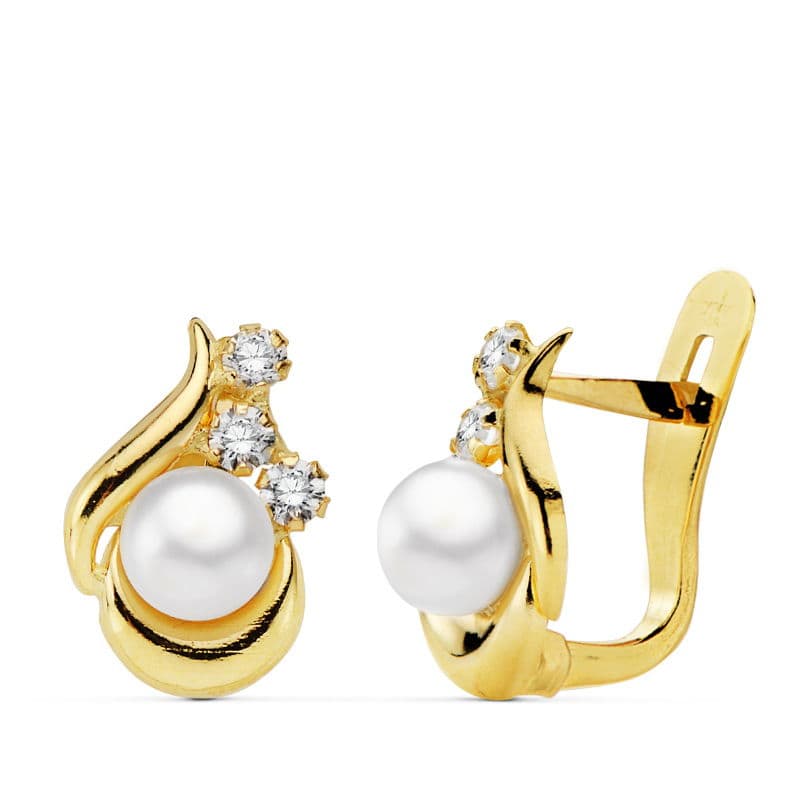 18K Pendientes Oro Amarillo Perla Y Circonita 11X8 Mm Cierre Catalan