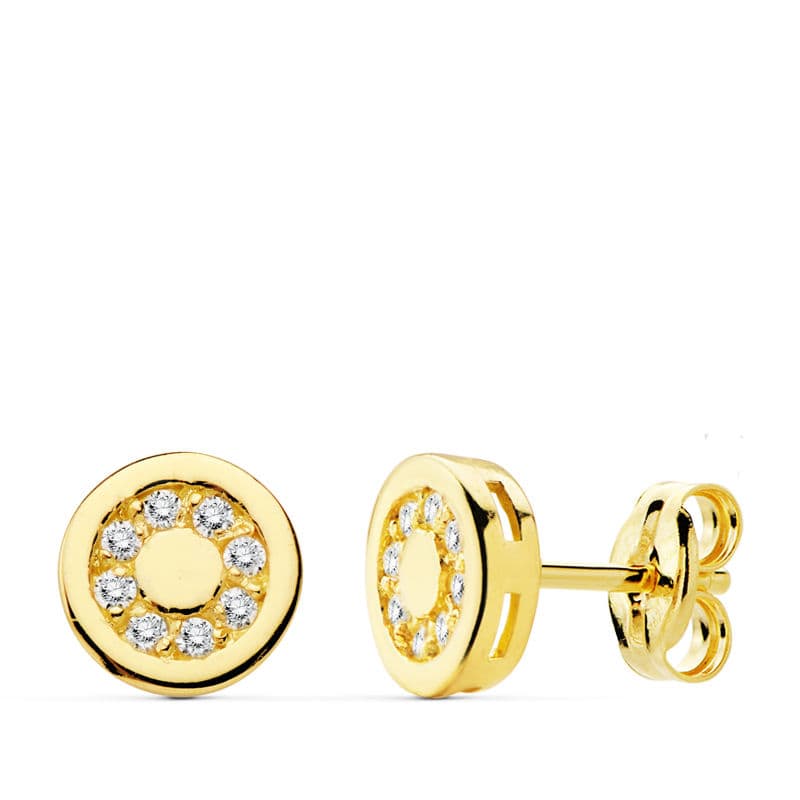 18K Pendientes Oro Amarillo Redondos Circonita 7 Mm Cierre Presion