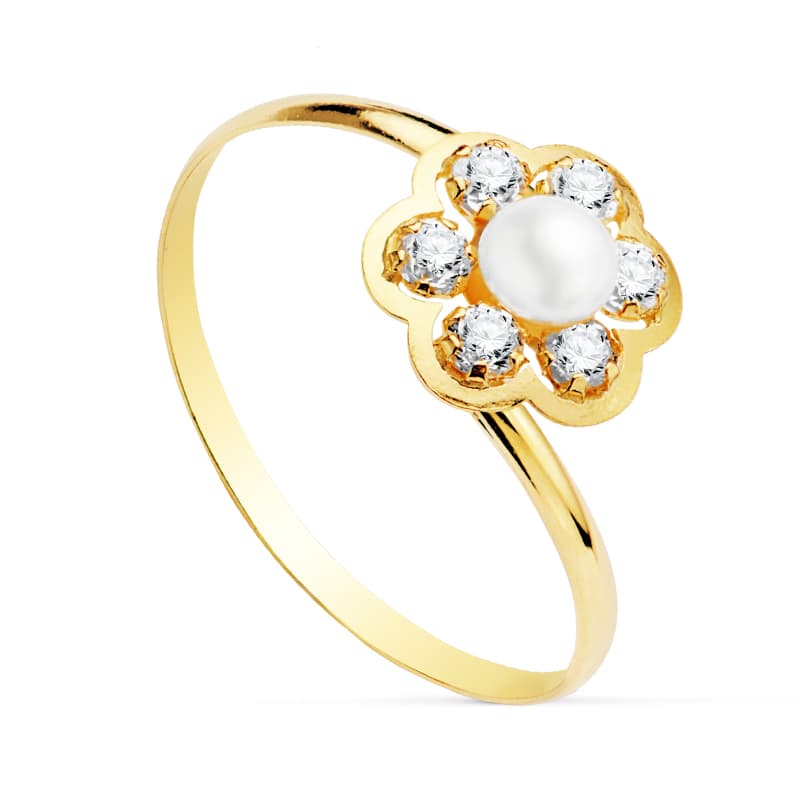 18K Sortija Oro Amarillo Flor Con Circonita Y Perla 3.5 Mm