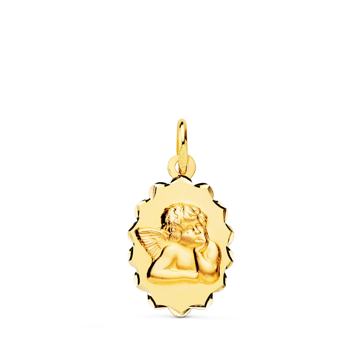 18K MEDALLA ORO AMARILLO ANGELITO BURLON OVAL ARCOS TALLADOS. 16X12 MM