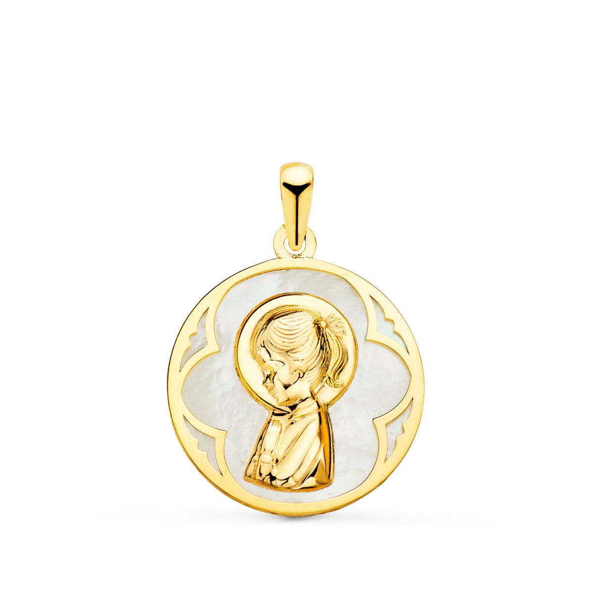 18K Medalla Oro Amarillo Redonda Con Nacar Blanco Y Virgen Niña. 18 Mm
