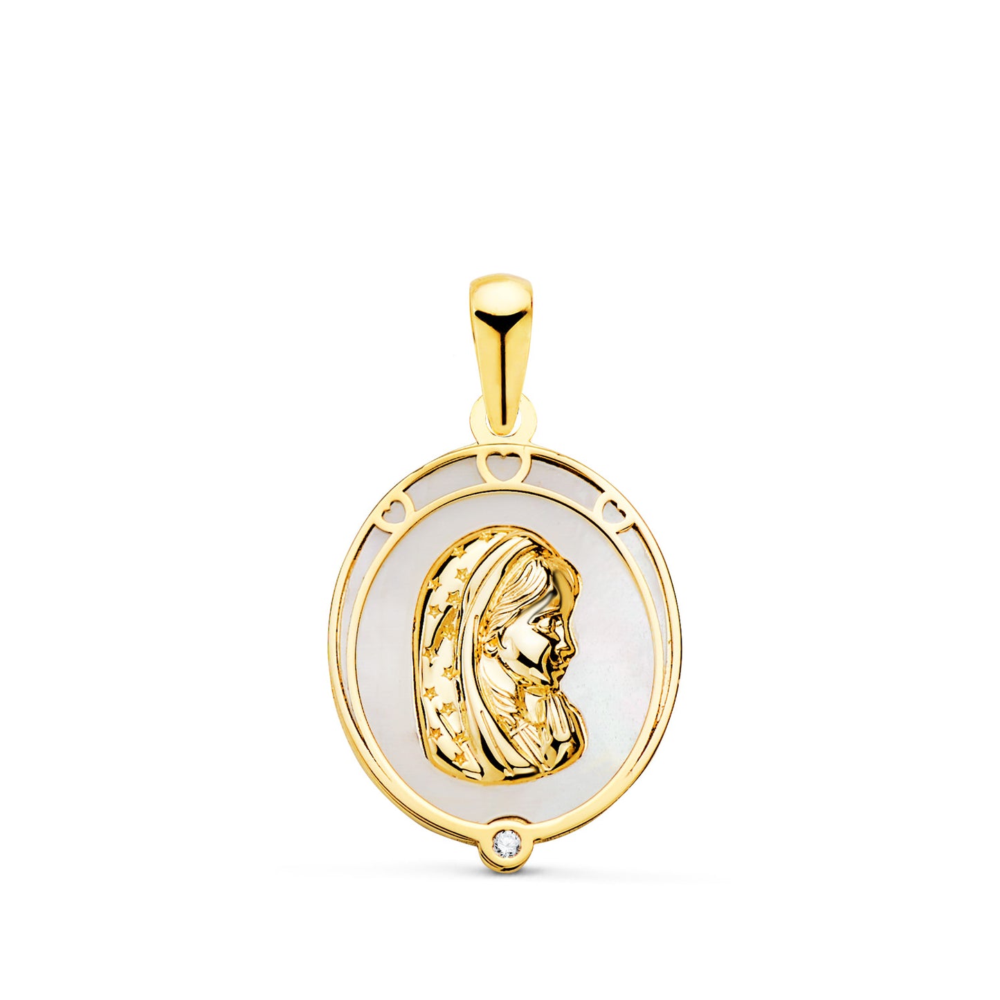 18K MEDALLA ORO AMARILLO VIRGEN NIÑA OVAL CON NACAR BLANCO Y CIRCONITA. MEDIDA: 17X13 MM
