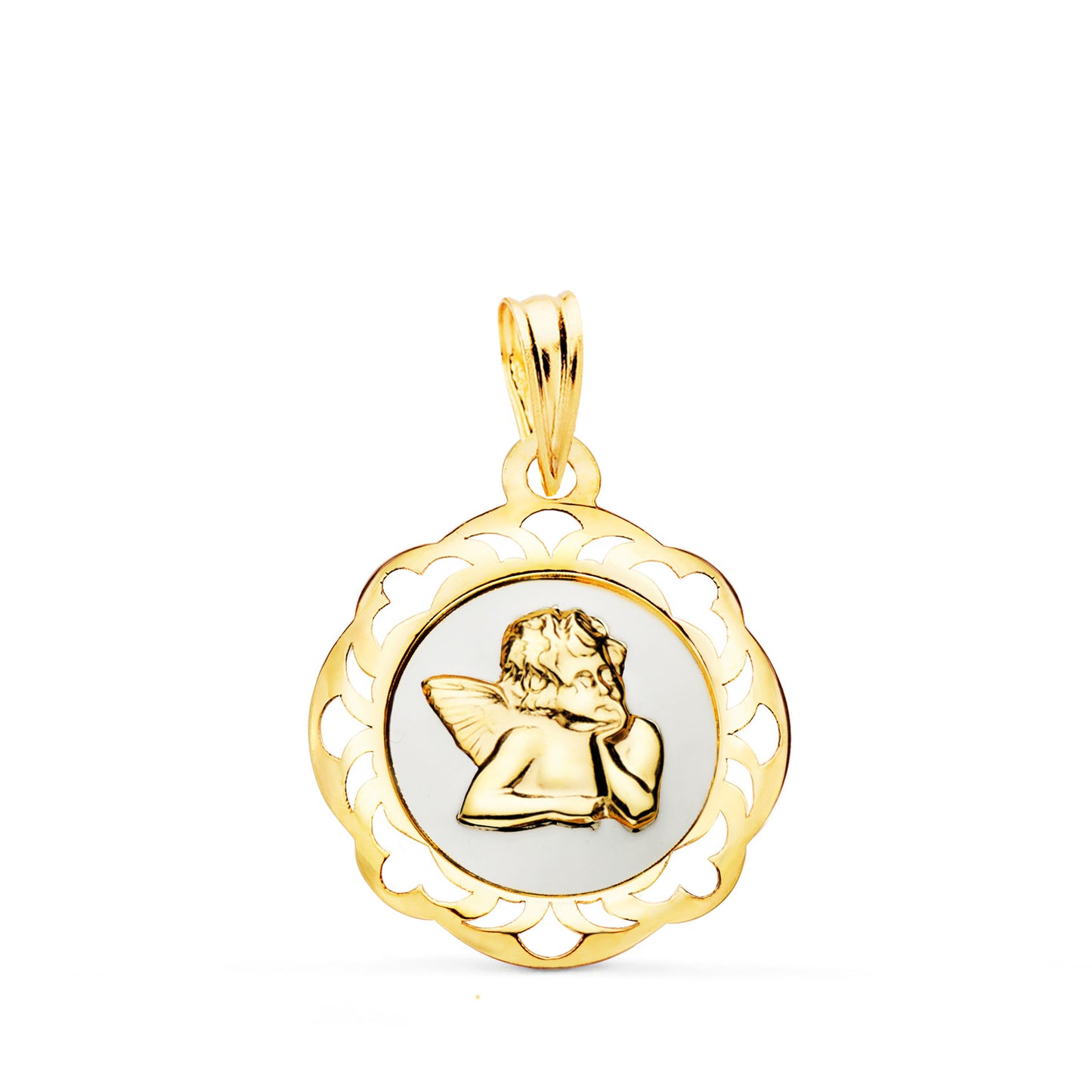 18K MEDALLA ORO AMARILLO ANGELITO BURLON ESMALTE BLANCO Y CERCO CALADO EN BRILLO 20X18 MM