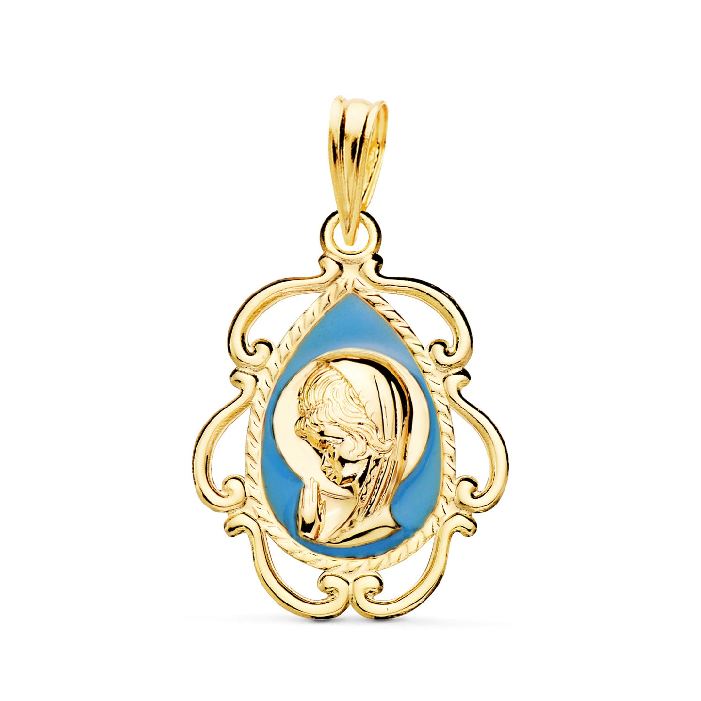 18K MEDALLA ORO AMARILLO VIRGEN NIÑA ESMALTE AZUL Y CERCO CALADO EN BRILLO 22X16 MM