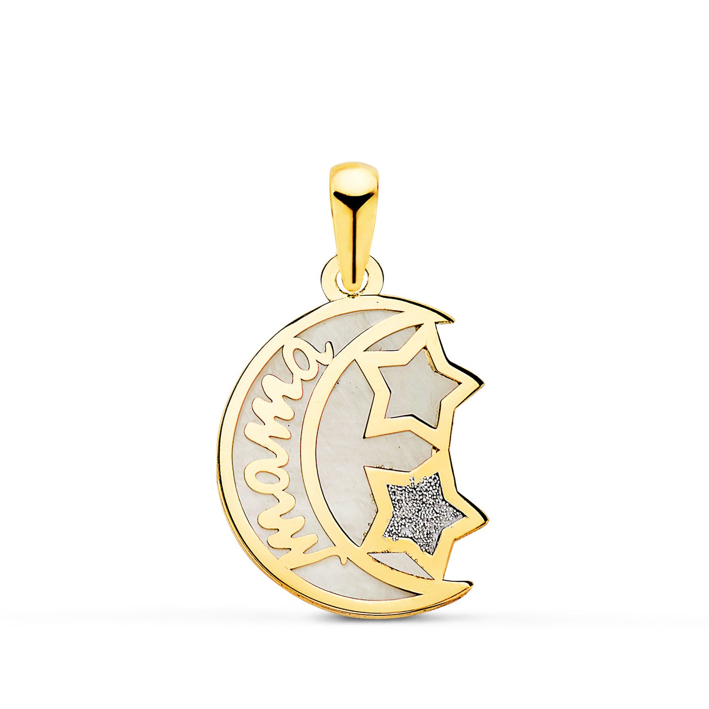 18K Colgante De Oro Amarillo Nacar Forma De Luna Y Mama Con Estrellas 16X13Mm