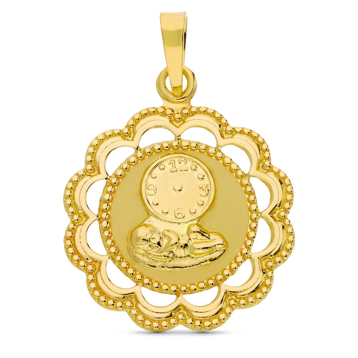 18K MEDALLA ORO AMARILLO NIÑO Y RELOJ 26X22 MM