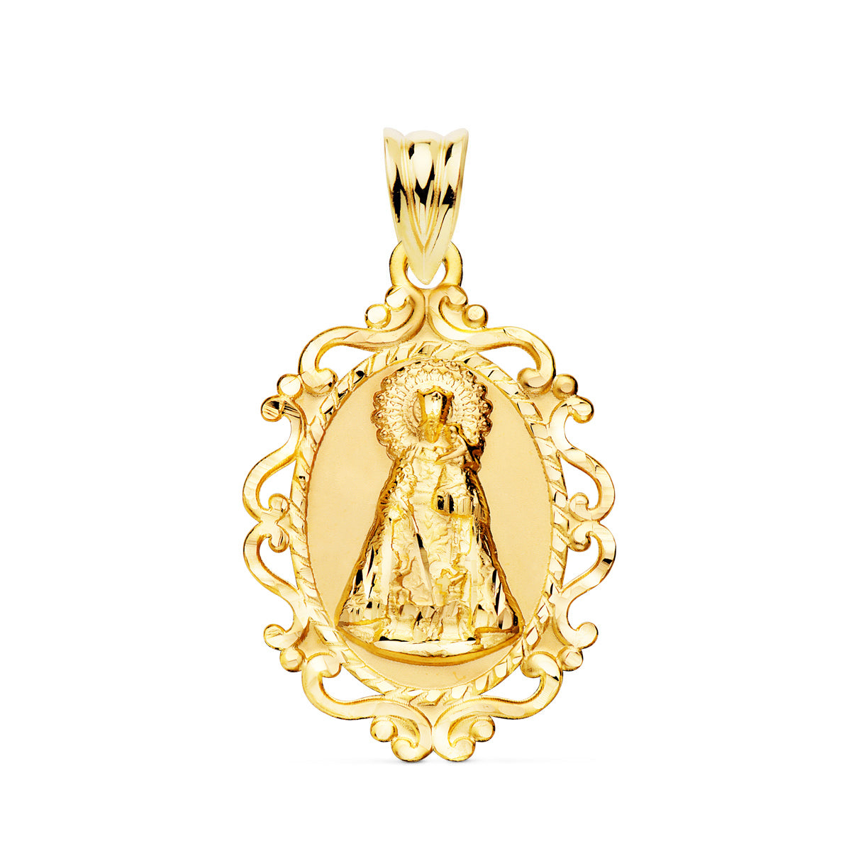 18K MEDALLA ORO AMARILLO VIRGEN DE LOS DESAMPARADOS CERCO 31X21 MM