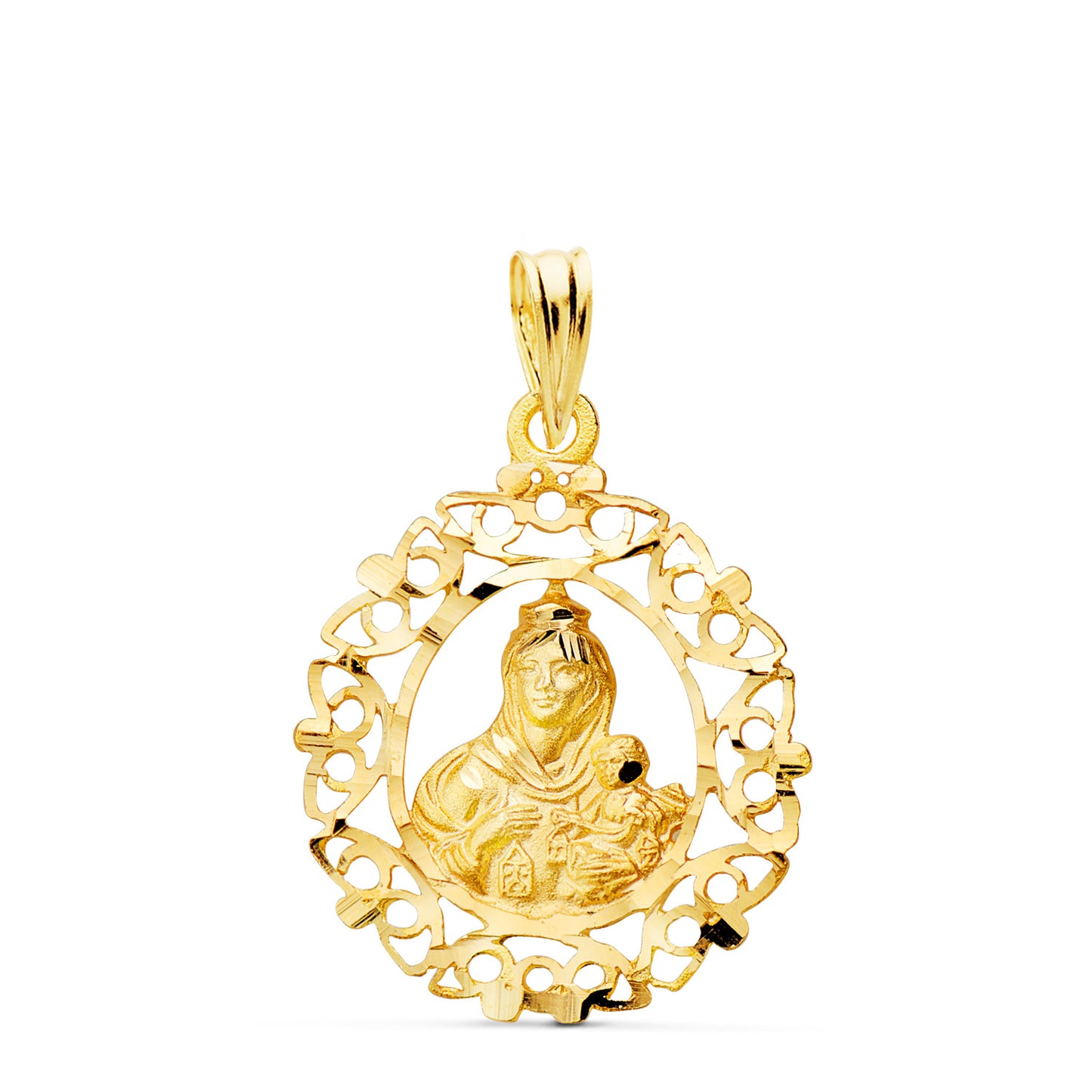 18K MEDALLA ORO AMARILLO VIRGEN DEL CARMEN ORLA TALLADA 25 X 20 MM