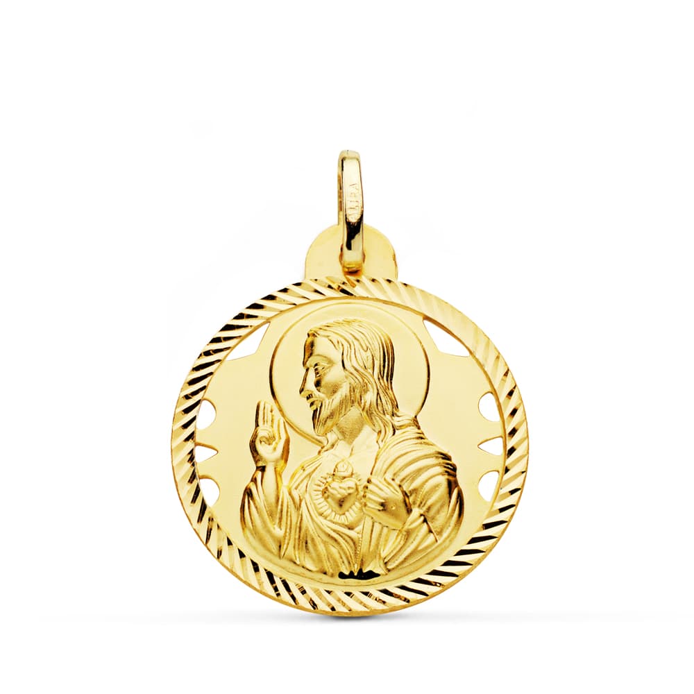 18K MEDALLA ORO AMARILLO CRISTO SAGRADO CORAZON DE JESUS HELICE CALADA 24 MM