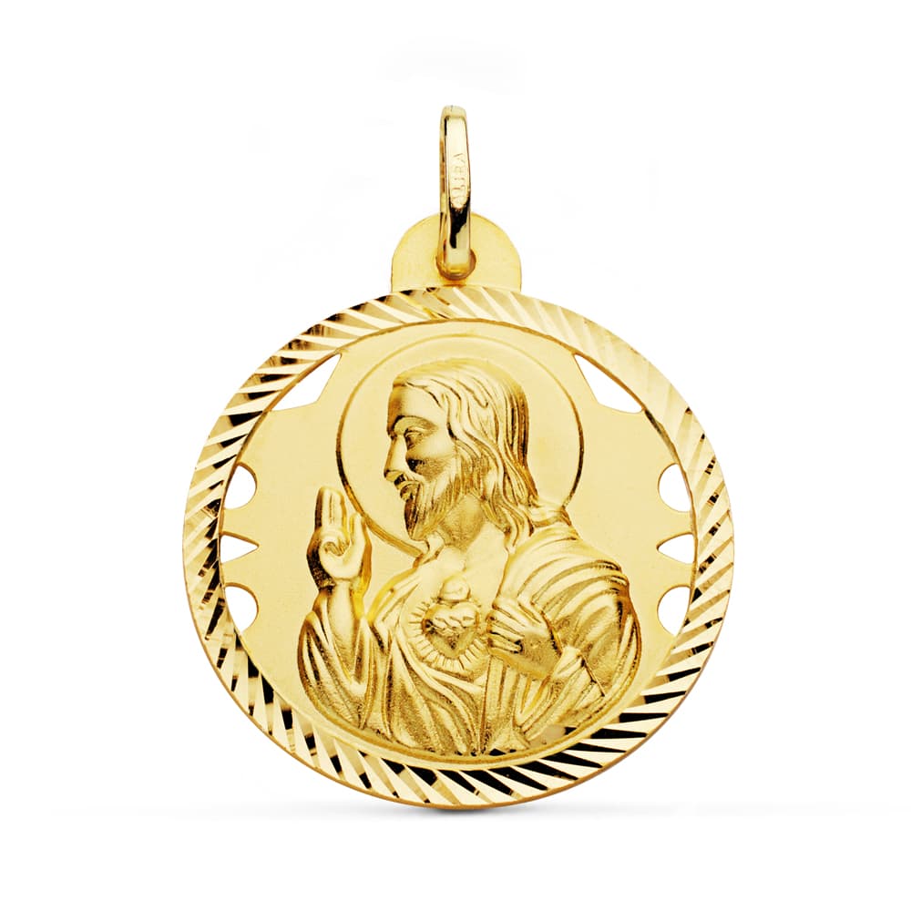 18K MEDALLA ORO AMARILLO CRISTO SAGRADO CORAZON DE JESUS CALADO CERCO HELICE TALLADO 28 MM