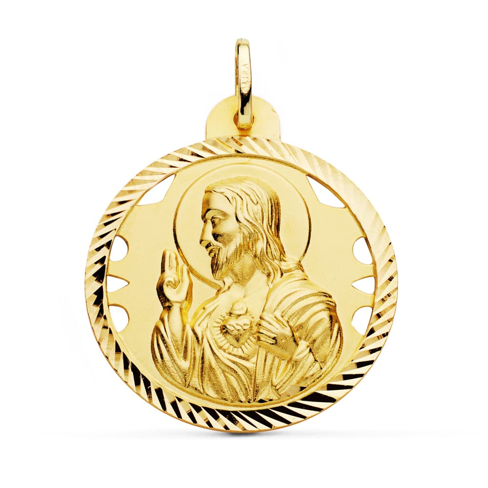 18K MEDALLA ORO AMARILLO CRISTO SAGRADO CORAZON DE JESUS CALADO CERCO HELICE TALLADO 30 MM