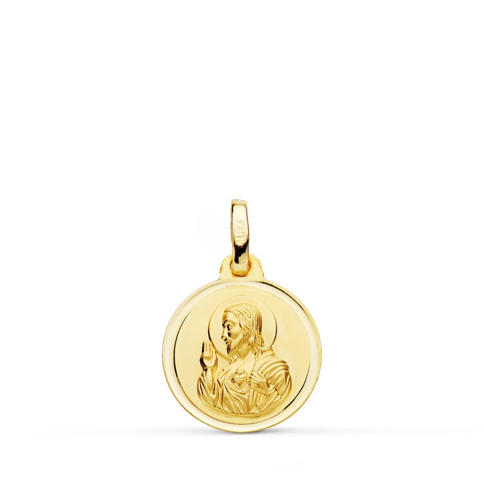 18K MEDALLA ORO AMARILLO CRISTO SAGRADO CORAZON DE JESUS BISEL 14 MM
