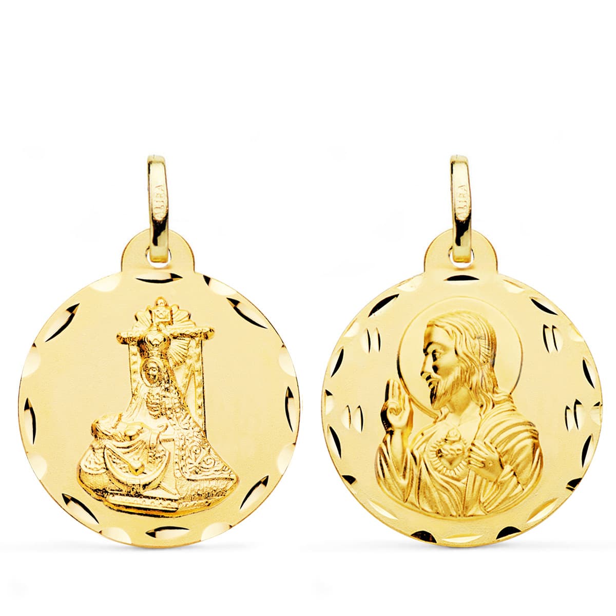 18K MEDALLA ORO AMARILLO ESCAPULARIO ORO AMARILLO VIRGEN DE LAS ANGUSTIAS Y CORAZON DE JESUS TALLADA 24 MM