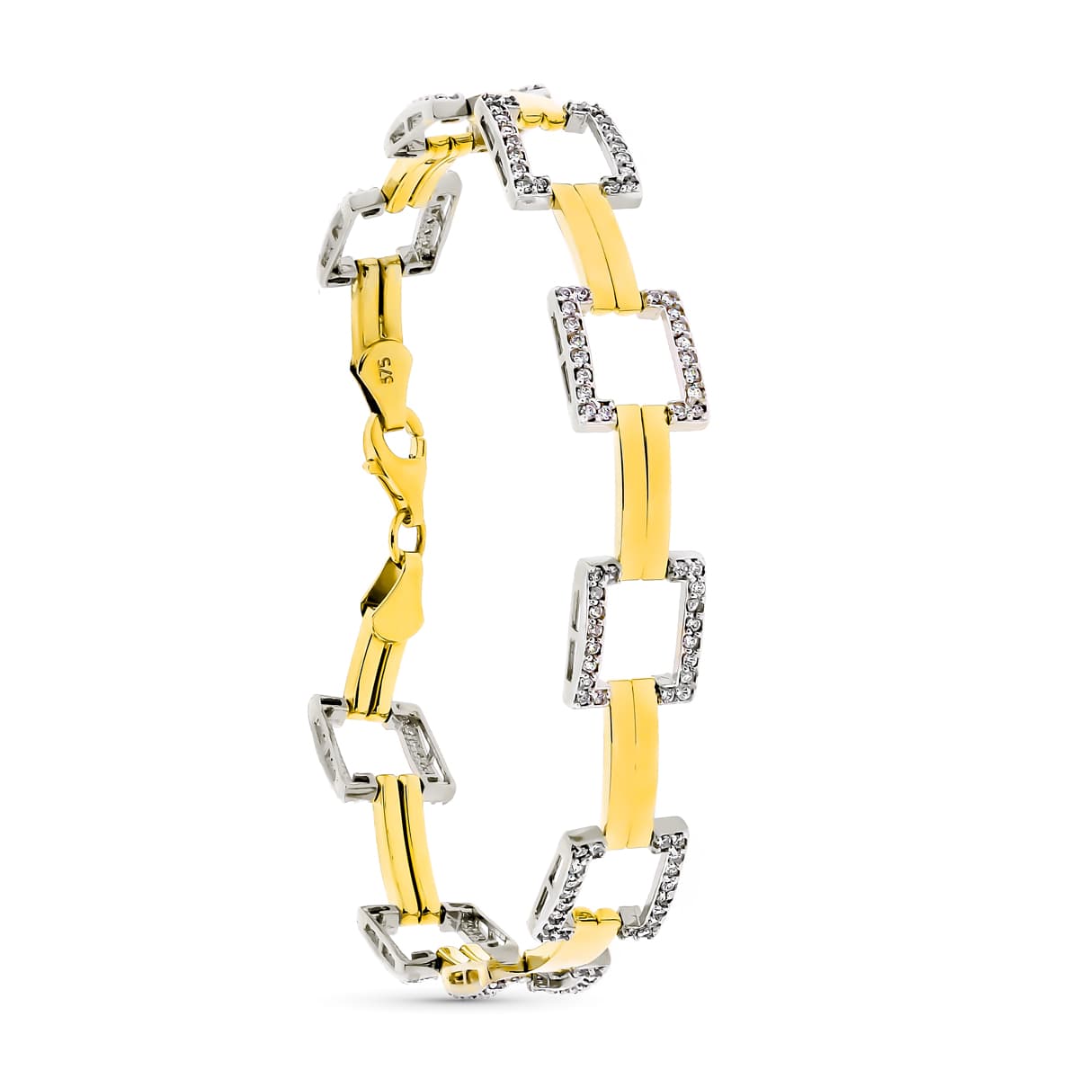 9K Pulsera Oro Bicolor Cuadrados Y Circonita 19Cm