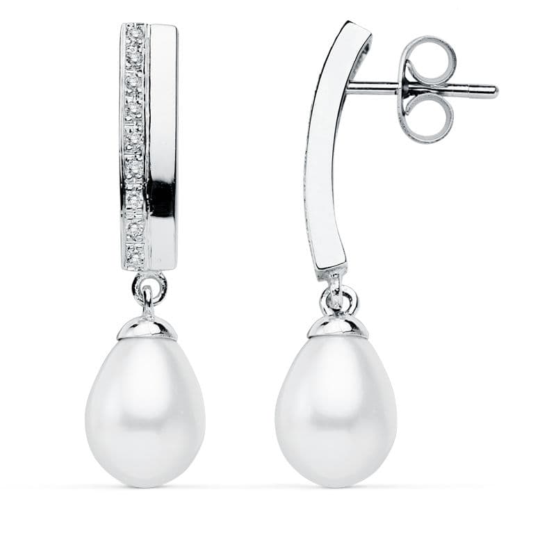 9K Pendientes Oro Blanco Perla 30X7 Mm Cierre Presion