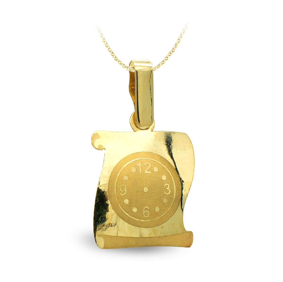 9K Colgante Pergamino Oro Amarillo Reloj Grabado. 16X13 Mm
