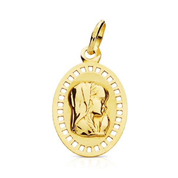 9K Medalla Oro Amarillo Virgen Niña Cerco Calado 19X12 Mm