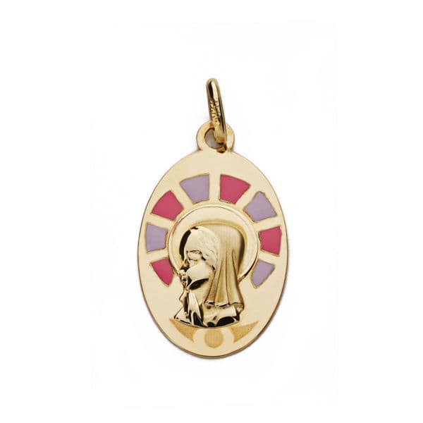 9K Medalla Oro Amarillo Virgen Niña Esmalte 9K 21X13 Mm