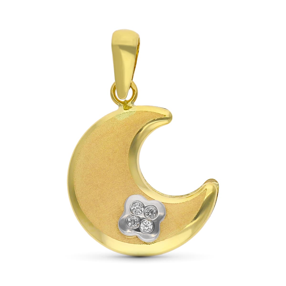 9K Colgante Oro Bicolor Luna Con Trebol Mini De Circonitas