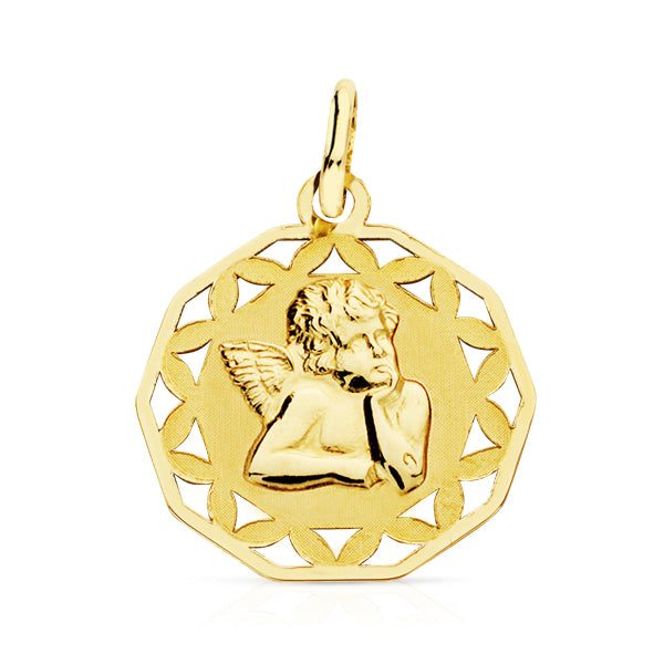 9K MEDALLA ORO AMARILLO ANGELITO BURLON CERCO CALADO 18X16 MM
