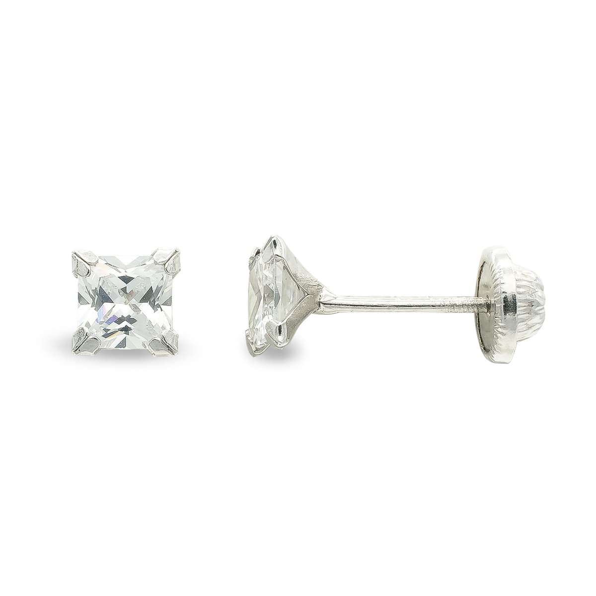 9K Pendientes Oro Blanco Circonita 3Mm 4 Garras Cierre Tuerca