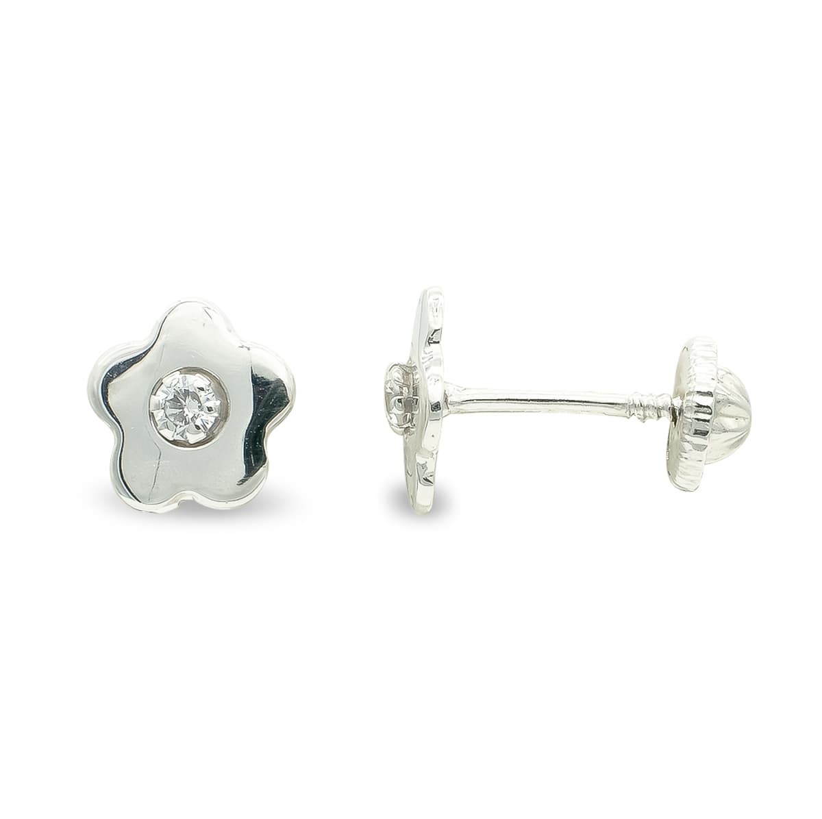 9K Pendientes Oro Blanco Flor 7 Mm Circonita Tuerca Cierre Tuerca