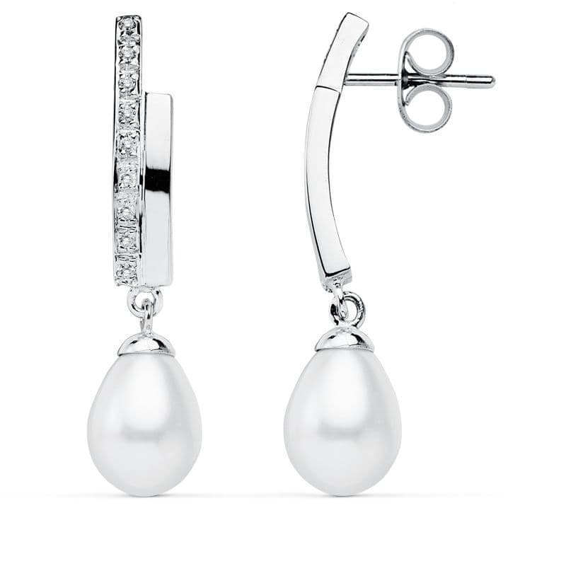 9K Pendientes Oro Blanco Perla 32X8 Mm Cierre Presion